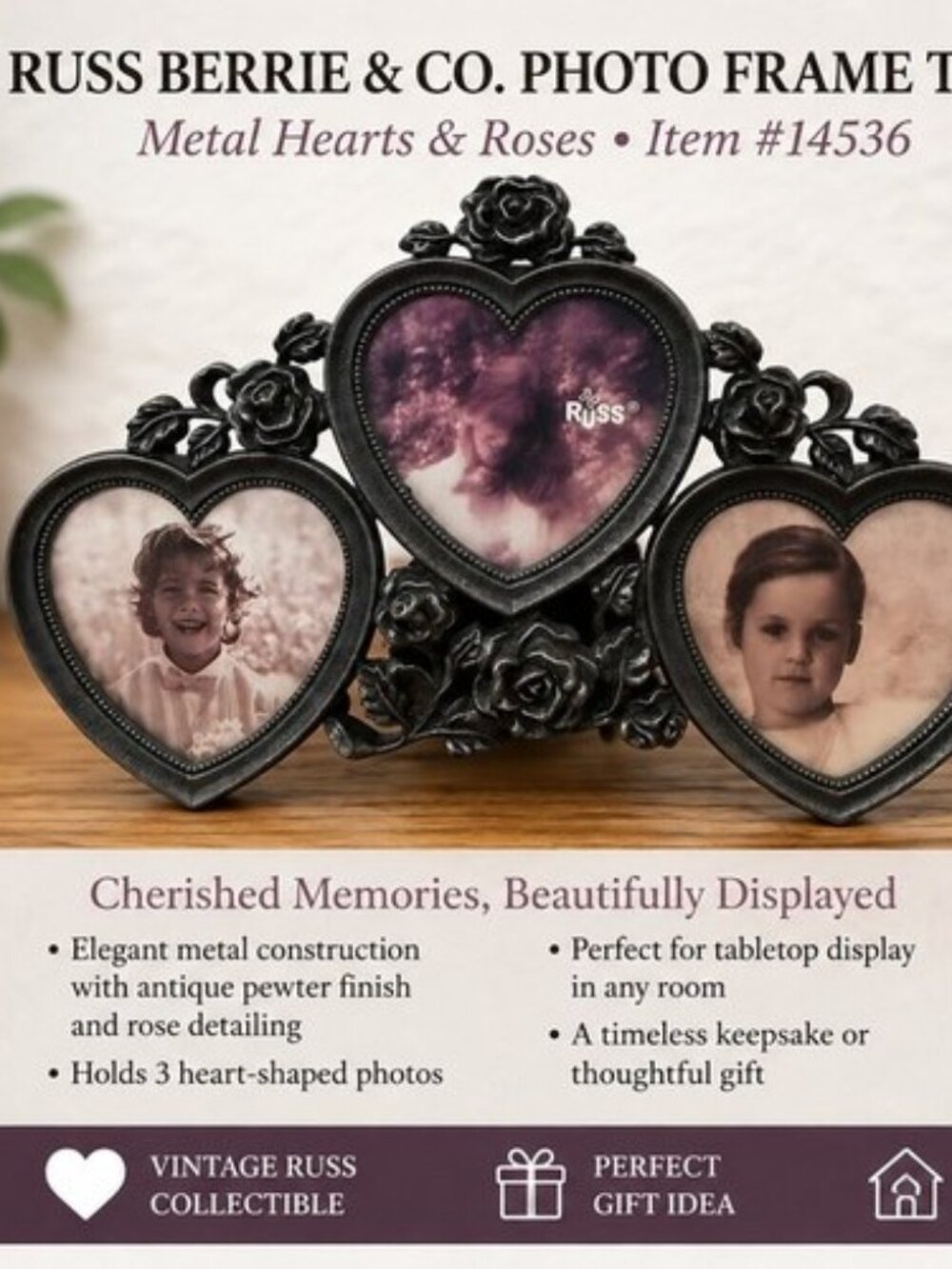 Russ Berrie & Co. Photo Frame Trio – Metal Hearts & Roses, Victoriana #14536